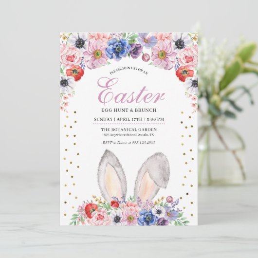 Invitation Fleurs de printemps aux oreilles de lapin Chasse a (Debout devant)