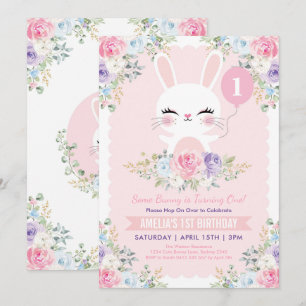 Invitation Fleurs de printemps de lapin mignonne 1er annivers
