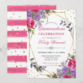 Invitation Fleurs de printemps roses et violettes Cadre Quinc (Devant / Derrière)