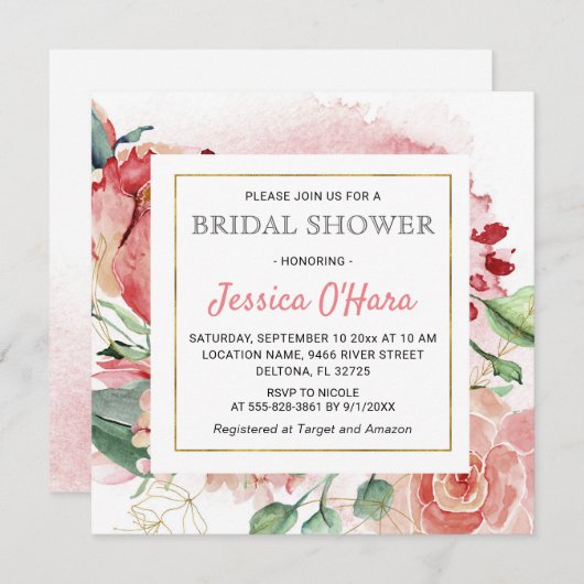 Invitation Fleurs de printemps Roses Mariage sous l'eau Aquar (Devant / Derrière)