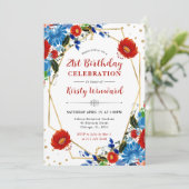 Invitation Fleurs de printemps rouges et bleues Cadre Anniver (Debout devant)