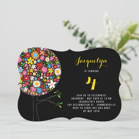 Invitation Fleurs de printemps Whimsical Pop Tree fête d'anni (Debout devant)
