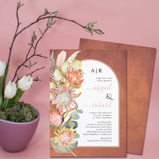 Invitation Fleurs de protea herbe des pampas mariage terre cu