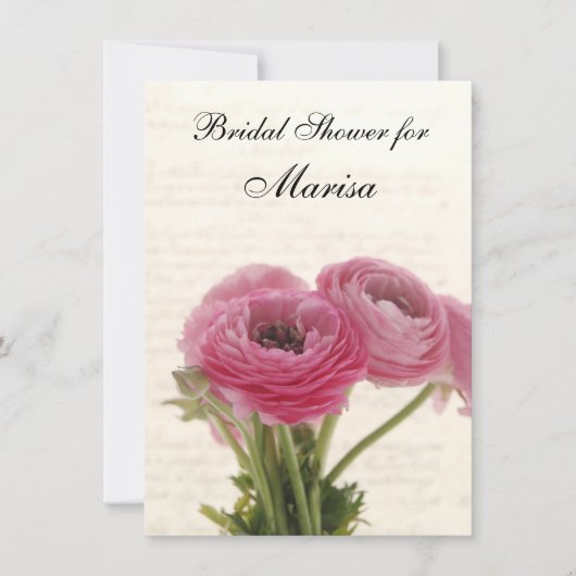 Invitation fleurs de ranunculus rose sur la douche de mariée  (Devant)