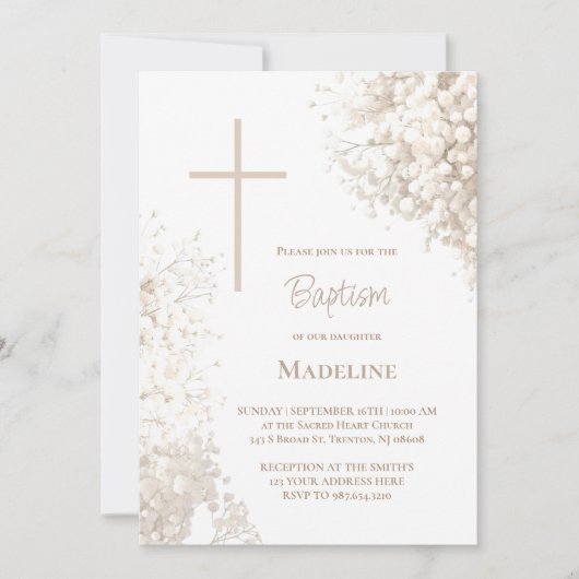 Invitation Fleurs de Respiration de Bébé blanches Baptême (Devant)