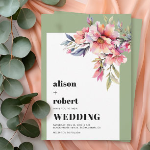 Invitation Fleurs de rhododendron rose pêche mariage vert sau