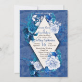 Invitation Fleurs de rose blanche sur papier motif bleu (Devant)