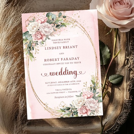Invitation Fleurs de rose dorée rose moderne Mariage