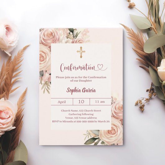 Invitation Fleurs de rose poussiéreuse ivoire Confirmation