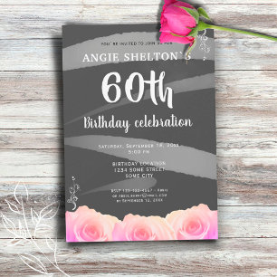 Invitation Fleurs de rose rose en aquarelle rayures 60e anniv