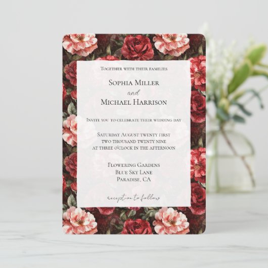 Invitation Fleurs de rose rose rouge mariage (Debout devant)