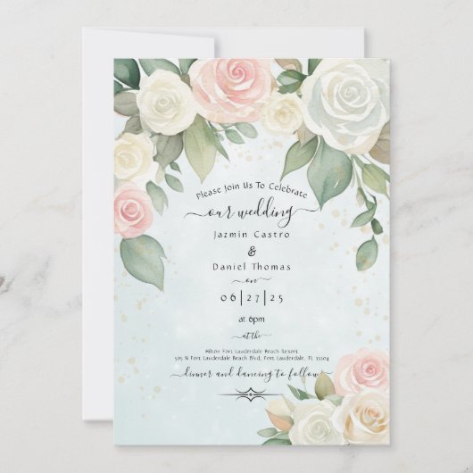 Invitation Fleurs de rose roses et blanches aux floraisons cr (Devant)