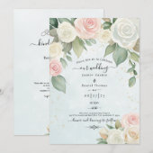 Invitation Fleurs de rose roses et blanches aux floraisons cr (Devant / Derrière)
