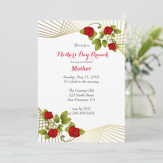 Invitation Fleurs de rose rouge avec modèle d'accent doré (Debout devant)