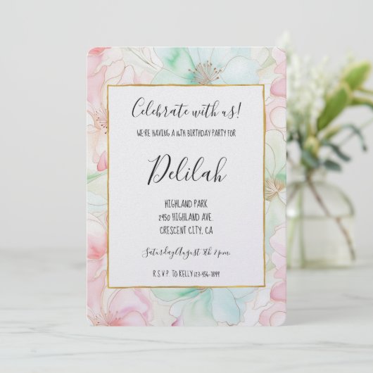 Invitation Fleurs de rose saumon et menthe pour anniversaire (Debout devant)