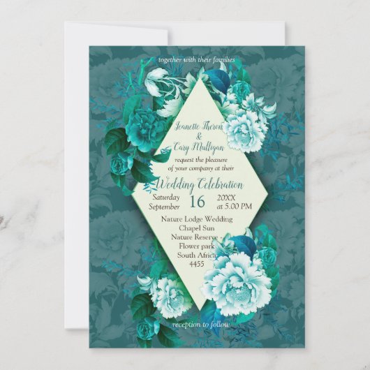Invitation Fleurs de rose verte/blanche sur papier motif vert (Devant)