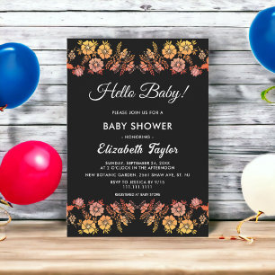 Invitation Fleurs de Rosée Noires Bébé Fille Floral Automne R