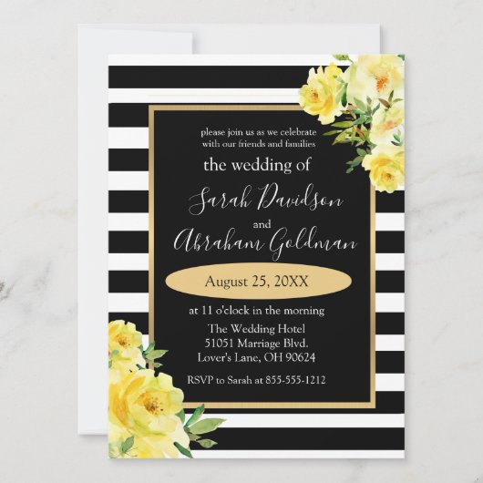 Invitation Fleurs de roses à rayures noires et blanches Invit (Devant)