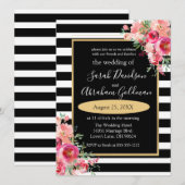 Invitation Fleurs de roses à rayures noires et blanches Invit (Devant / Derrière)
