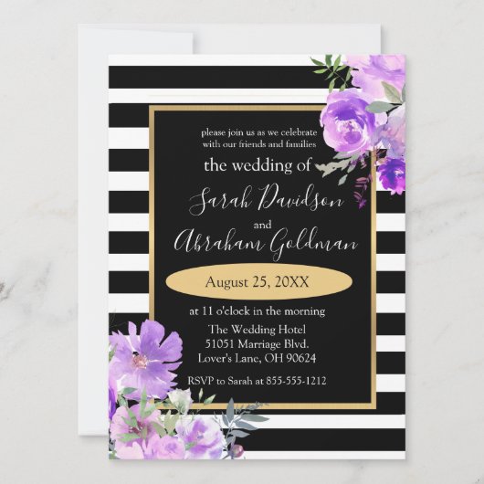 Invitation Fleurs de roses à rayures noires et blanches Invit (Devant)
