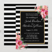 Invitation Fleurs de roses à rayures noires et blanches Invit (Devant / Derrière)