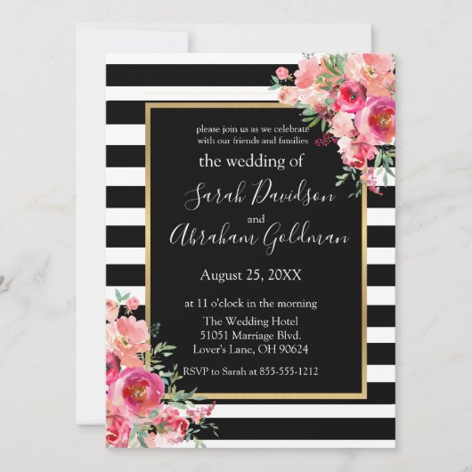 Invitation Fleurs de roses à rayures noires et blanches Invit (Devant)