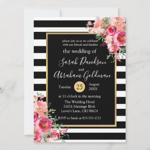 Invitation Fleurs de roses à rayures noires et blanches Maria