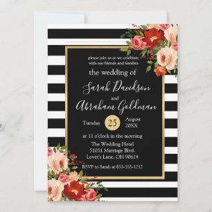 Invitation Fleurs de roses à rayures noires et blanches Maria