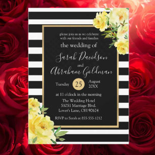 Invitation Fleurs de roses à rayures noires et blanches Maria