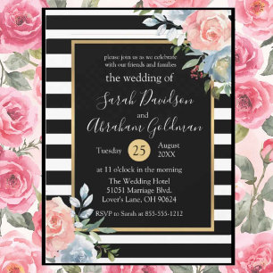 Invitation Fleurs de roses à rayures noires et blanches Maria