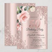 Invitation Fleurs de roses aquarelles et gouttes de paillette (Devant / Derrière)