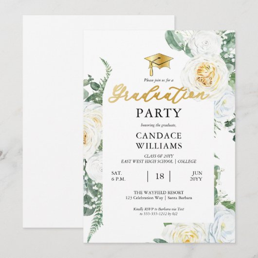 Invitation Fleurs de roses blanches pour la fête de remise de (Devant / Derrière)
