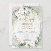 Invitation Fleurs de roses blanches vert eucalyptus or oval (Devant)
