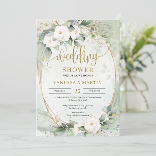 Invitation Fleurs de roses blanches vert eucalyptus or oval (Debout devant)