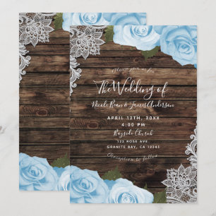 Invitation Fleurs de Roses Bleu Clair Bois Rustique Dentelle