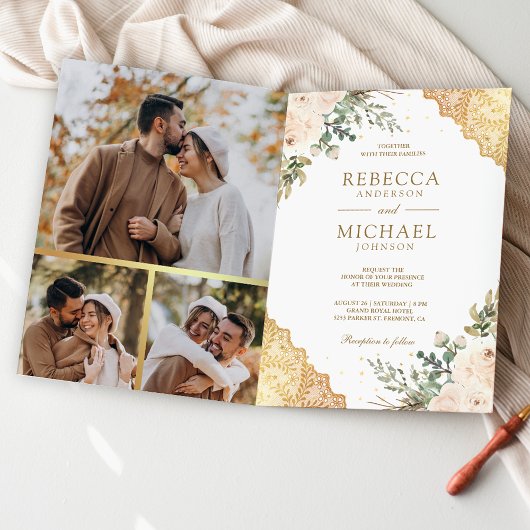 Invitation Fleurs de roses en crème douce dentelle dorée code