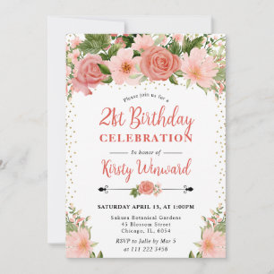 Invitation Fleurs de roses roses aquarelle Photo 21e annivers