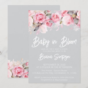 Invitation Fleurs de roses roses sur fond gris Fille Baby Sho