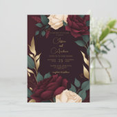 Invitation Fleurs de roses rouges de Bourgogne luxe mariage (Debout devant)