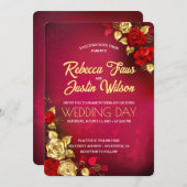 Invitation Fleurs de roses rouges dorées Boho moderne (Devant / Derrière)