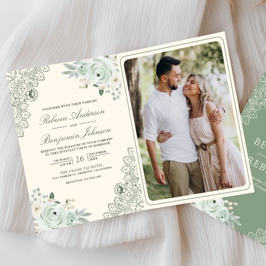 Invitation Fleurs de roses vert sauge en dentelle florale Cod