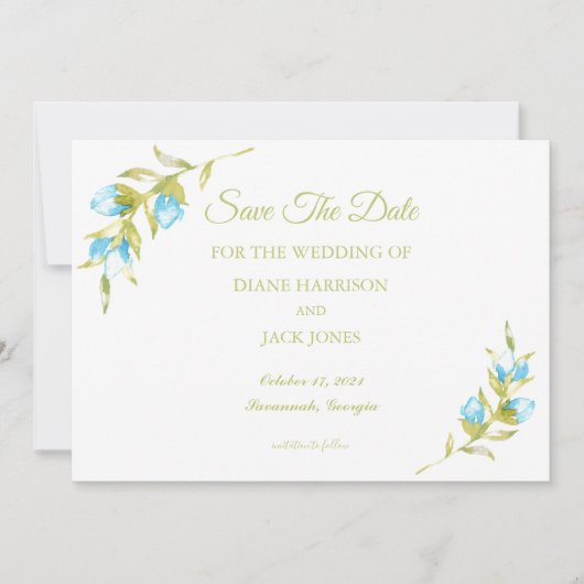 Invitation Fleurs de Rosier Bleu Mariage Enregistrer la Date (Devant)