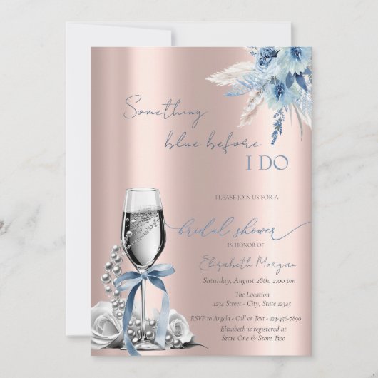 Invitation Fleurs de ruban bleu Perles et Prosecco Rose Gold (Devant)