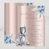 Invitation Fleurs de ruban bleu Perles et Prosecco Rose Gold (Devant / Derrière)