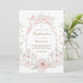 Invitation fleurs de ruban rose cadre Confirmation (Debout devant)