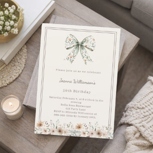 Invitation Fleurs de ruban vert ivoire atténué pour anniversa