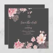 Invitation Fleurs de Sakura rose chic sur Save the Date (Devant / Derrière)