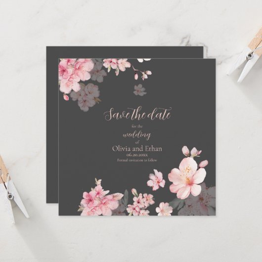 Invitation Fleurs de Sakura rose chic sur Save the Date (Devant/Arrière en situation)