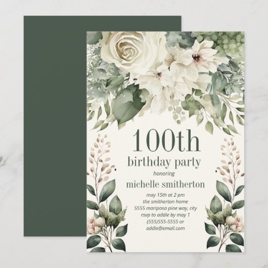 Invitation Fleurs de sauge vertes blanches pour 100e annivers (Devant / Derrière)