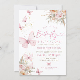 Invitation Fleurs de saumons roses et papillons Anniversaire